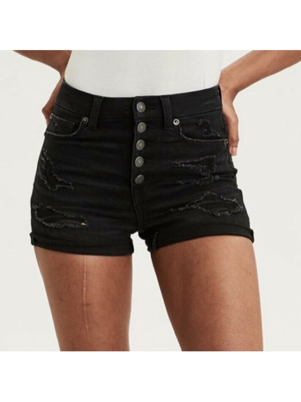 American Eagle Curvy Super High Rise Shortie Distressed Black Shorts Size 10